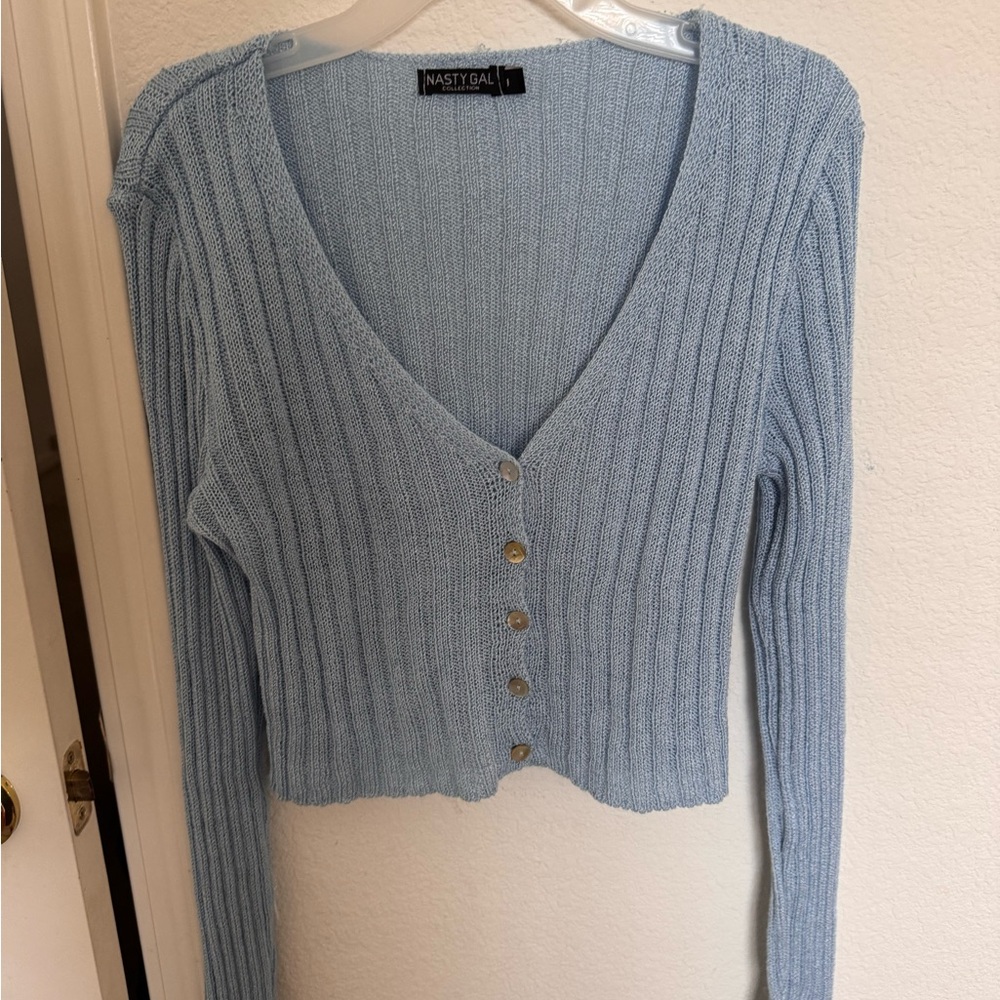Nasty Gal Blue Ribbed Cardigan V-Neck Cropped